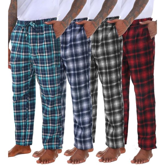 4 Pack Men' s Flannel Pajama Pants Plaid PJ Bottoms Soft Warm Cotton Lounge Slee